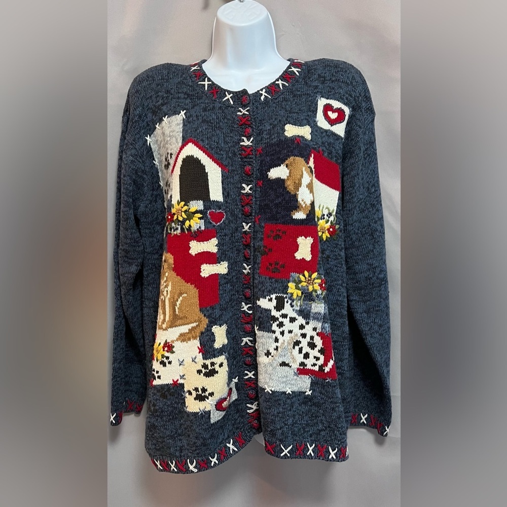 Stitches In Time Large Embroidered Dog‎ Puppy House Cardigan Sweater